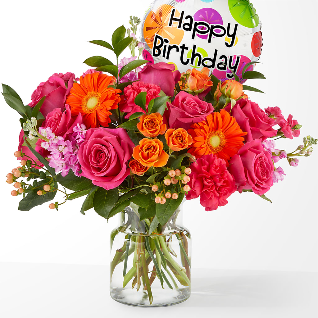 Fiesta Bouquet with Birthday Balloon – Waddington Blooms, Waddington NY