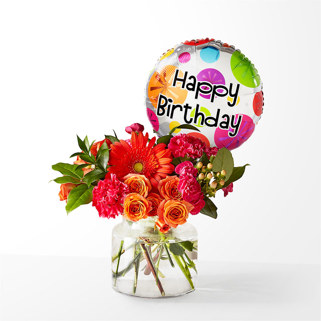 Fiesta Bouquet with Birthday Balloon – Waddington Blooms, Waddington NY