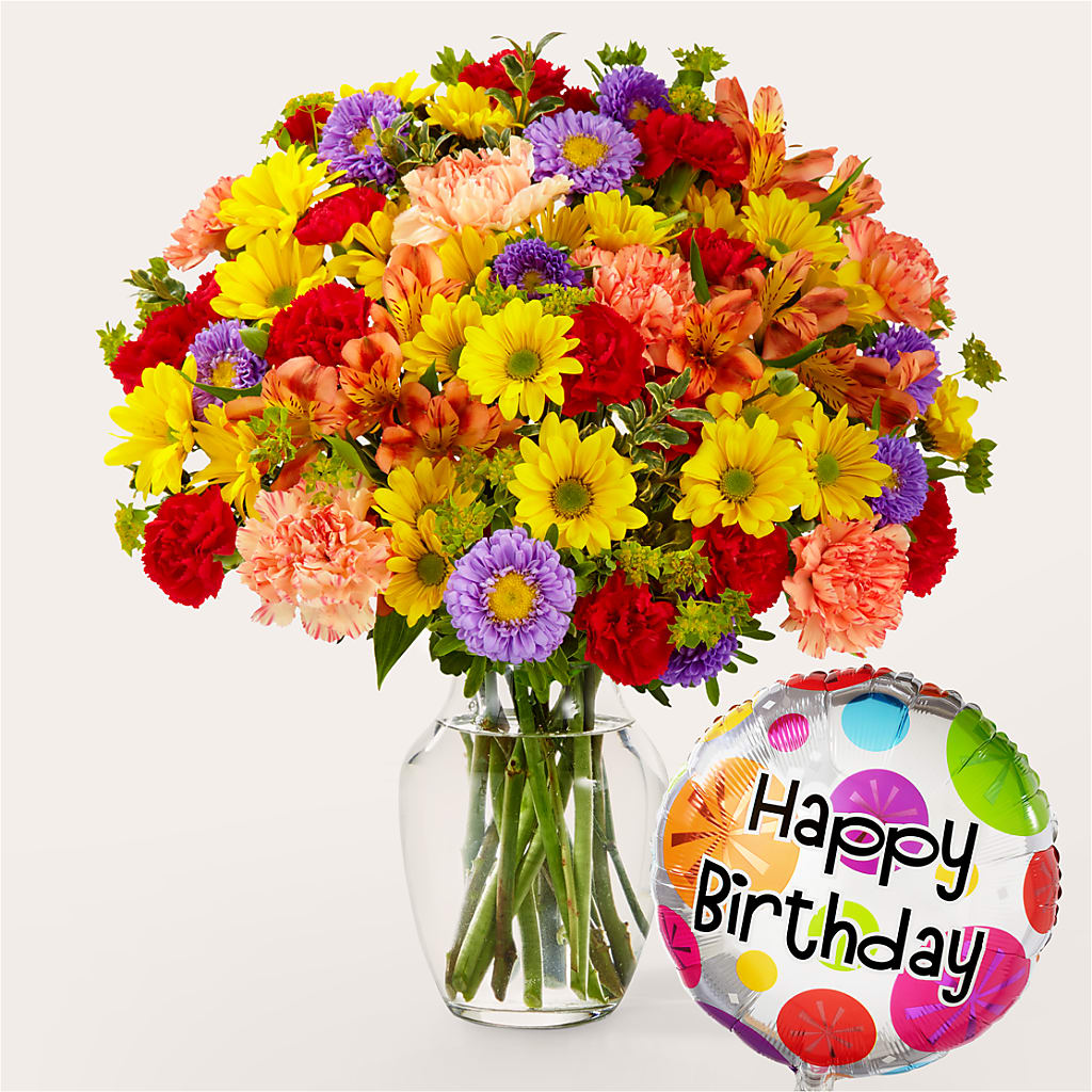 Kaleidoscope Bouquet with Birthday Balloon – Waddington Blooms, Waddington NY