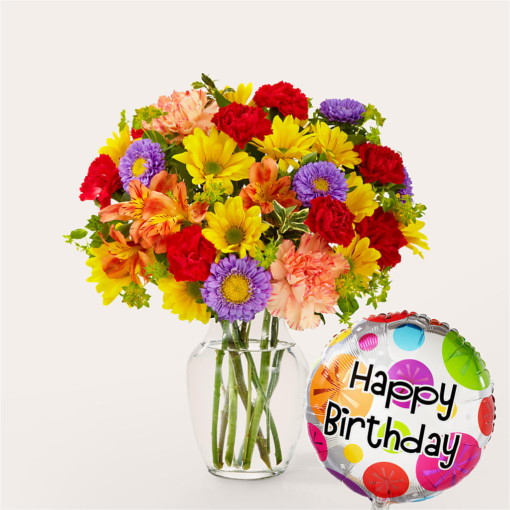 Kaleidoscope Bouquet with Birthday Balloon – Waddington Blooms, Waddington NY