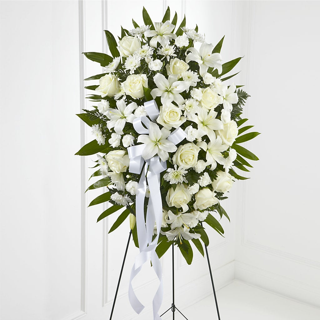 Exquisite Tribute Standing Spray-White Ribbon – Waddington Blooms, Waddington NY
