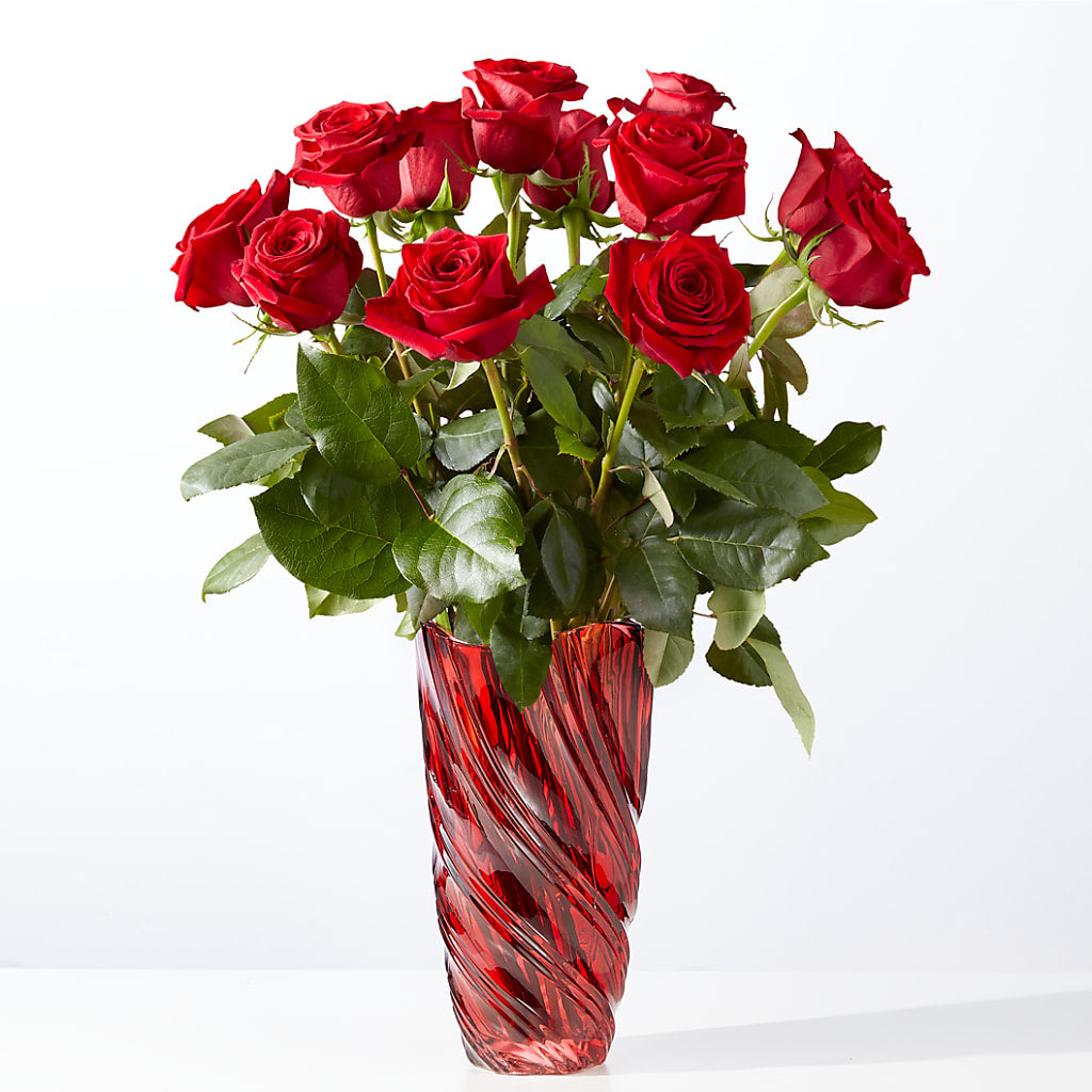Classic Love Red Rose Bouquet with Luxe Swirl Vase – Waddington Blooms, Waddington NY
