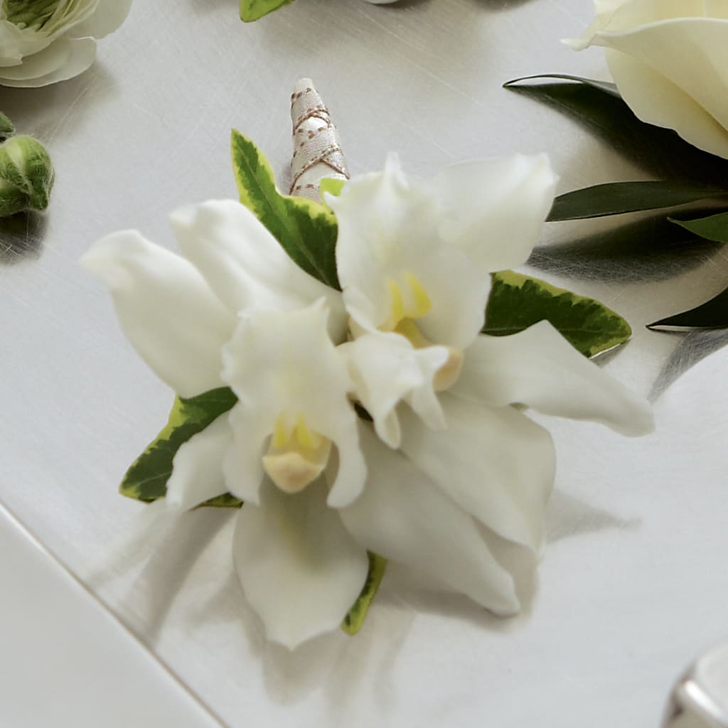 White Mini Cymbidium Boutonniere – Waddington Blooms, Waddington NY