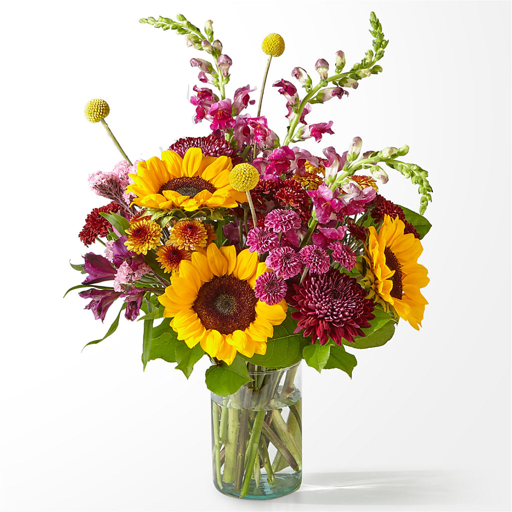 Waddingtons Pink Pop of Whimsy Bouquet – bronze, pink, purple, yellow flower arrangement ...